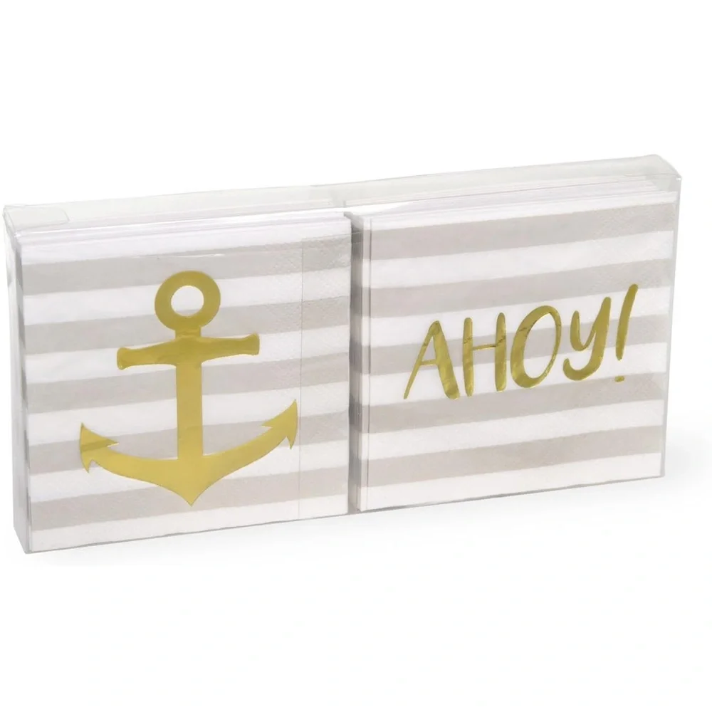 Boston International Gold Foil Stamped 3-Ply  Anchor Ahoy Striped Napkins, 40 ct